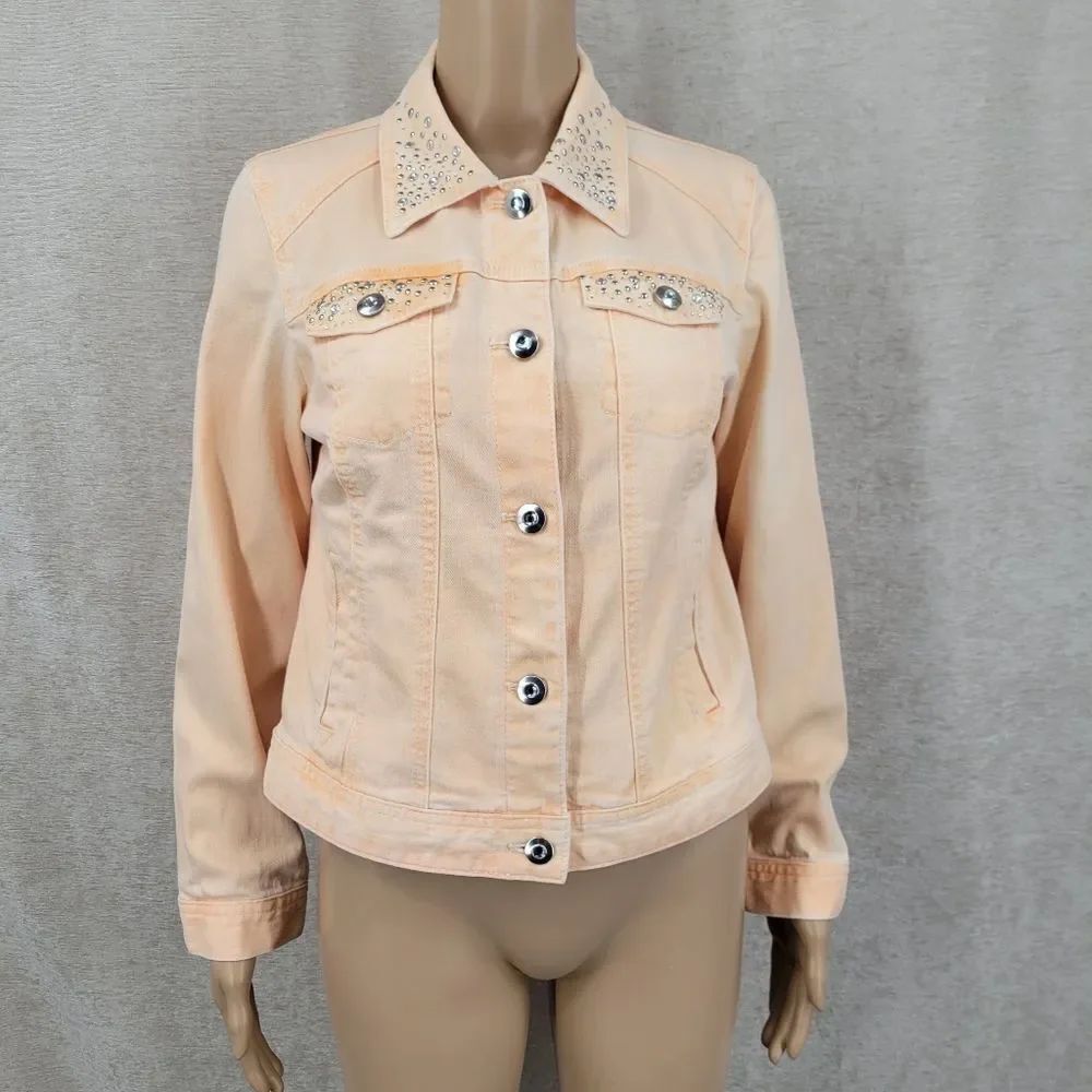 Chico's Platinum Women's Peach Denim Trucker Jacket Rhinestone Studded